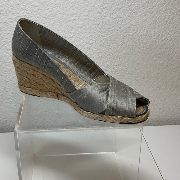 Lauren Ralph Lauren Shoes - Lauren Ralph Laure Silk Shantung Silver Taupe Espadrille Wedge Peep-Toe Shoe 8